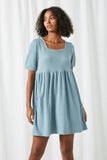 HJ3324 Light Blue Womens Textured Rib Square Neck Knit Tunic Dress Front