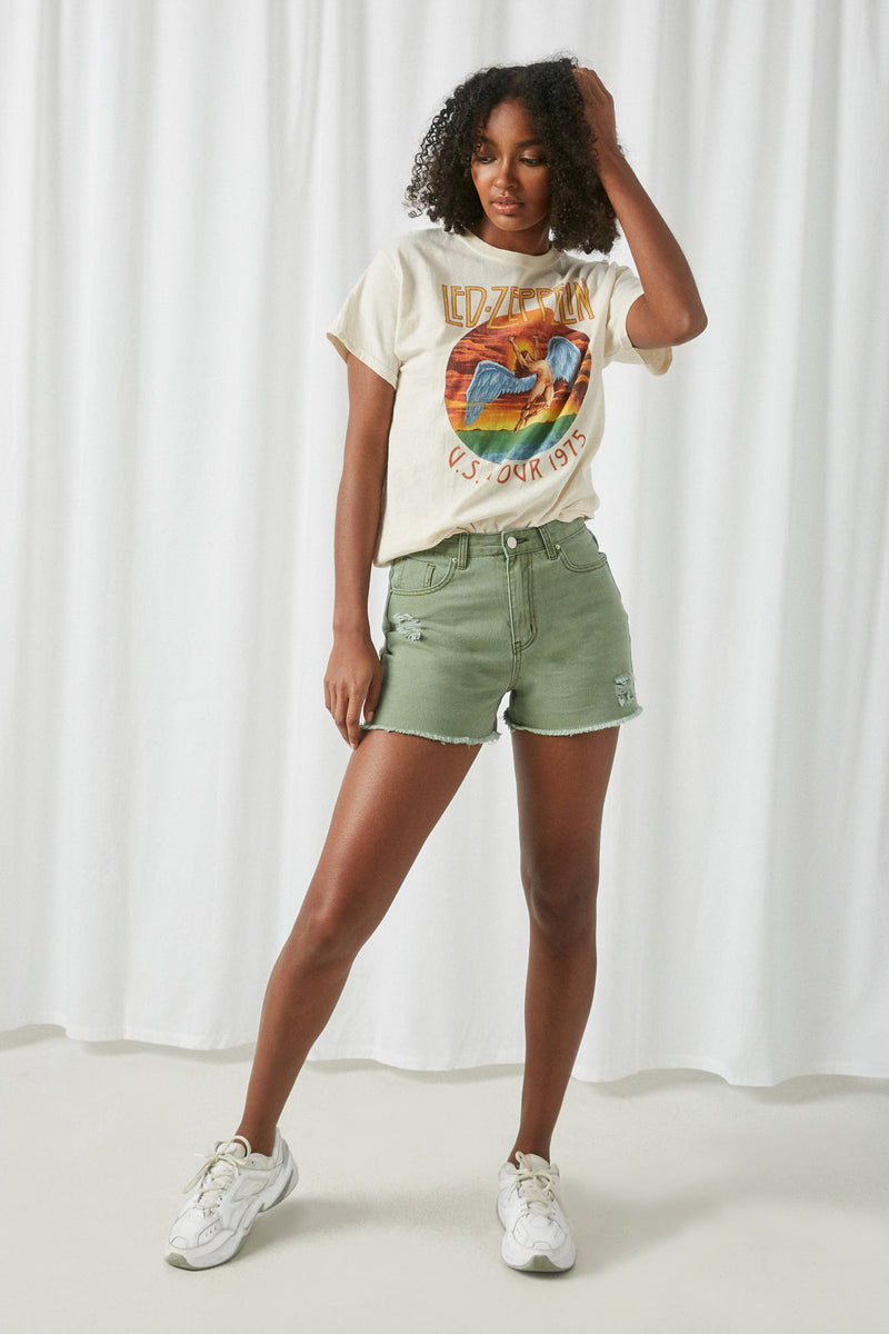 HJ3329 Olive Womens Distressed Washed Color Denim Shorts Full Body