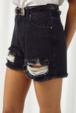 HJ3330 BLACK DENIM Womens Frayed Distressed Denim Shorts Side