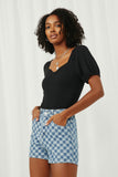 HJ3342 Black Womens Sweetheart Ribbed Knit Bodysuit Alternate Angle