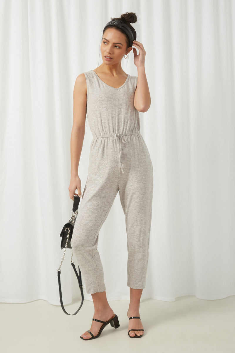 HJ3347 Grey Womens Sleeveless Strappy Back Knit Jumpsuit Full Body