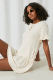 HJ3348 Ivory Womens Ruffle Sleeve Knit Henley Dress Sitting Pose