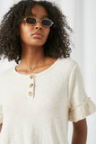 HJ3348 Ivory Womens Ruffle Sleeve Knit Henley Dress Close Up