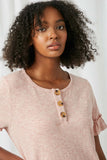 HJ3348 Pink Womens Ruffle Sleeve Knit Henley Dress Close Up