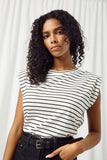 HJ3367 WHITE BLACK Womens Striped Knit Padded Shoulder Top Detail