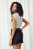 HJ3367 WHITE BLACK Womens Striped Knit Padded Shoulder Top Back