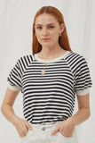 HJ3414 Navy Womens Banded Knit Stripe Raglan Tee Front