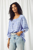 HJ3416 Blue Womens Bandana Print Tie Sleeve Off Shoulder Top Front