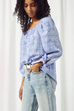 HJ3416 Blue Womens Bandana Print Tie Sleeve Off Shoulder Top Side