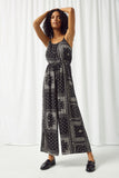 HJ3455 BLACK Womens Bandana Print Wideleg Jumpsuit Front