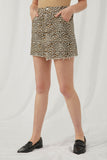 HJ3471 Ivory Womens Frayed Hem Buttoned Denim Leopard Skirt Front