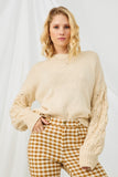 HJ3476 IVORY Womens Puffy Textured Sleeve Pullover Sweater Front