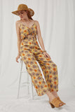 HK1004 Yellow Womens Floral Ruffled Cutout Wideleg Jumpsuit Pose