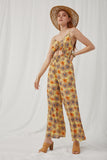 HK1004 Yellow Womens Floral Ruffled Cutout Wideleg Jumpsuit Full Body