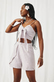 HK1005 Lavender Womens Textured Plaid Bow Tied Smock Back Cropped Cami Front