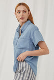 HK1010 Light Denim Womens Washed Tencel Pocketed Collared Shirt Side