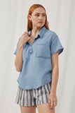HK1010 Light Denim Womens Washed Tencel Pocketed Collared Shirt Front