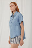 HK1010 Light Denim Womens Washed Tencel Pocketed Collared Shirt Alternate Angle