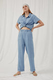 HK1011 Light Denim Womens Washed Tencel Elastic Waist Wideleg Pants Full Body