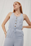 HK1012 Blue_Mix Womens Drawstring Waist Button Detail Tank Jumpsuit Front