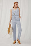 HK1012 Blue_Mix Womens Drawstring Waist Button Detail Tank Jumpsuit Full Body