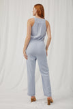 HK1012 Blue_Mix Womens Drawstring Waist Button Detail Tank Jumpsuit Back