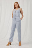 HK1012 Blue_Mix Womens Drawstring Waist Button Detail Tank Jumpsuit Full Body 2