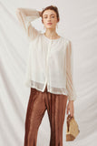HK1014 Ivory Womens Textured Stripe Flowing Chiffon Buttoned Top Front