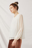 HK1014 Ivory Womens Textured Stripe Flowing Chiffon Buttoned Top Side