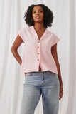 HK1030 Pink Womens Contrast Striped Sleeveless Collared Shirt Front