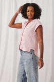 HK1030 Pink Womens Contrast Striped Sleeveless Collared Shirt Side