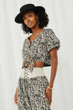 HK1047 Black Womens Botanical Print Tie Detail Crop Top Front