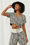 HK1047 Black Womens Botanical Print Tie Detail Crop Top Front 2