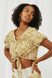 HK1047 Mustard Womens Botanical Print Tie Detail Crop Top Pose