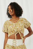 HK1047 Mustard Womens Botanical Print Tie Detail Crop Top Alternate Angle