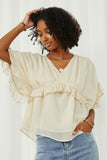 HK1103 Cream Womens V Neck Wide Sleeve Ruffled Chiffon Top Front