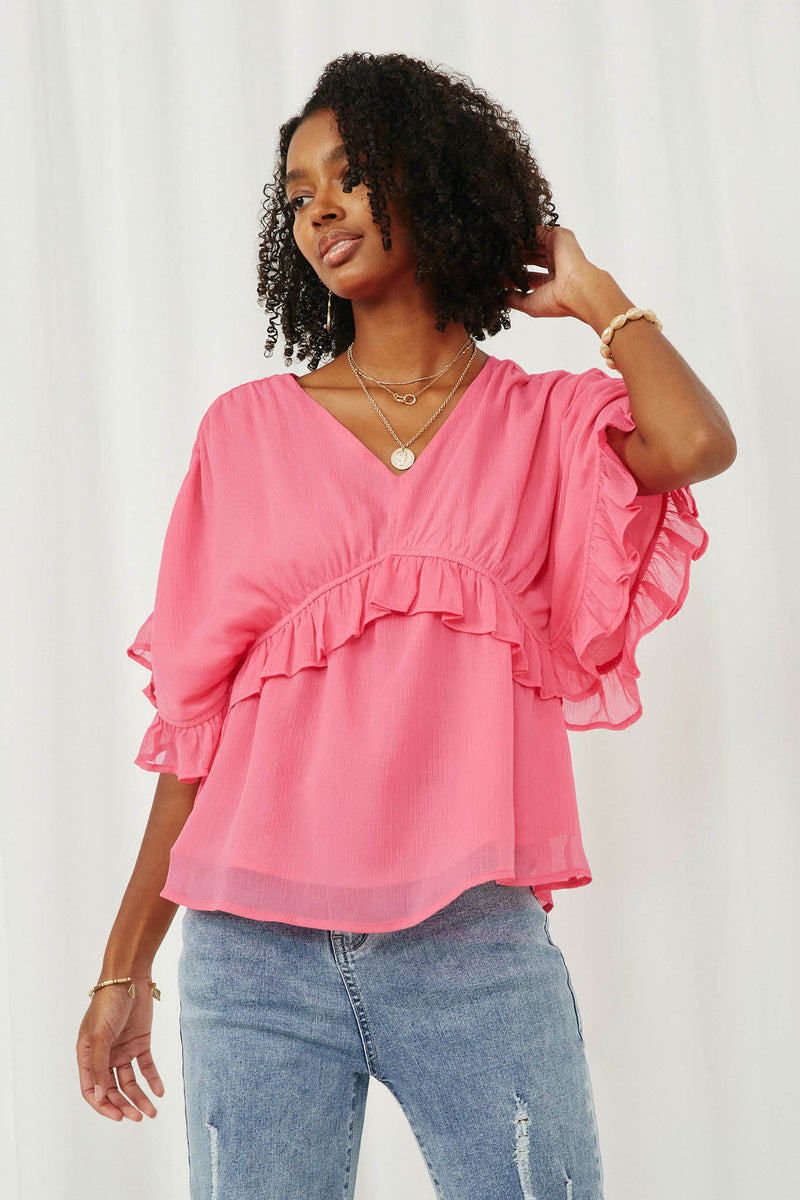 HK1103 Pink Womens V Neck Wide Sleeve Ruffled Chiffon Top Front