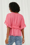 HK1103 Pink Womens V Neck Wide Sleeve Ruffled Chiffon Top Back