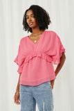 HK1103 Pink Womens V Neck Wide Sleeve Ruffled Chiffon Top Front 2