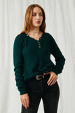 HK1110 Hunter Green Womens Distressed Button Down Sweater Front