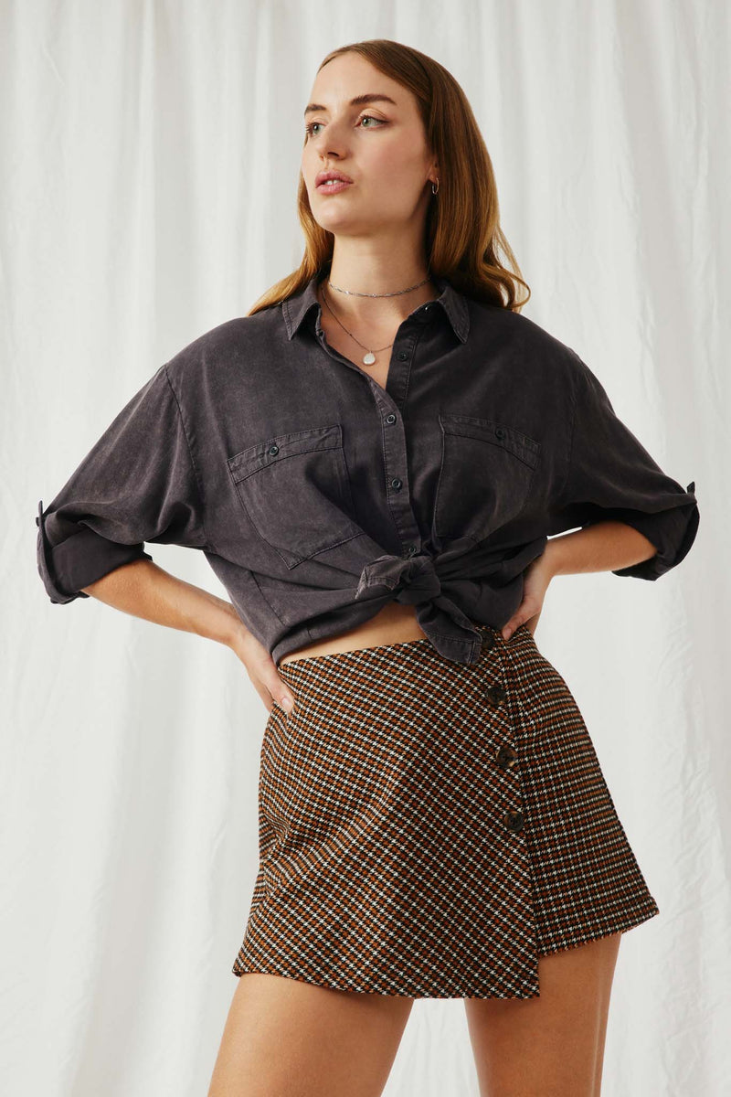 HK1191 Charcoal Womens Garment Dyed Tencel Button Up Shirt Front