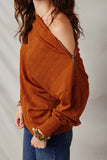 HK1215 Brown Womens Textured Zipper Detail Long Sleeve Knit Top Detail