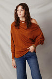 HK1215 Brown Womens Textured Zipper Detail Long Sleeve Knit Top Front