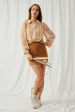 HK1224 Tan Womens Patch print Smocked Cuff Collared Shirt Full Body