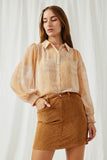 HK1224 Tan Womens Patch print Smocked Cuff Collared Shirt Front