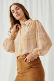 HK1224 Tan Womens Patch print Smocked Cuff Collared Shirt Detail