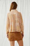 HK1224 Tan Womens Patch print Smocked Cuff Collared Shirt Back