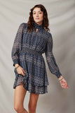 HK1249 Navy Womens Patterned Stripe Smock Neck Cutout Dress Front