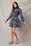 HK1249 Navy Womens Patterned Stripe Smock Neck Cutout Dress Full Body