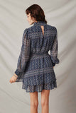 HK1249 Navy Womens Patterned Stripe Smock Neck Cutout Dress Back